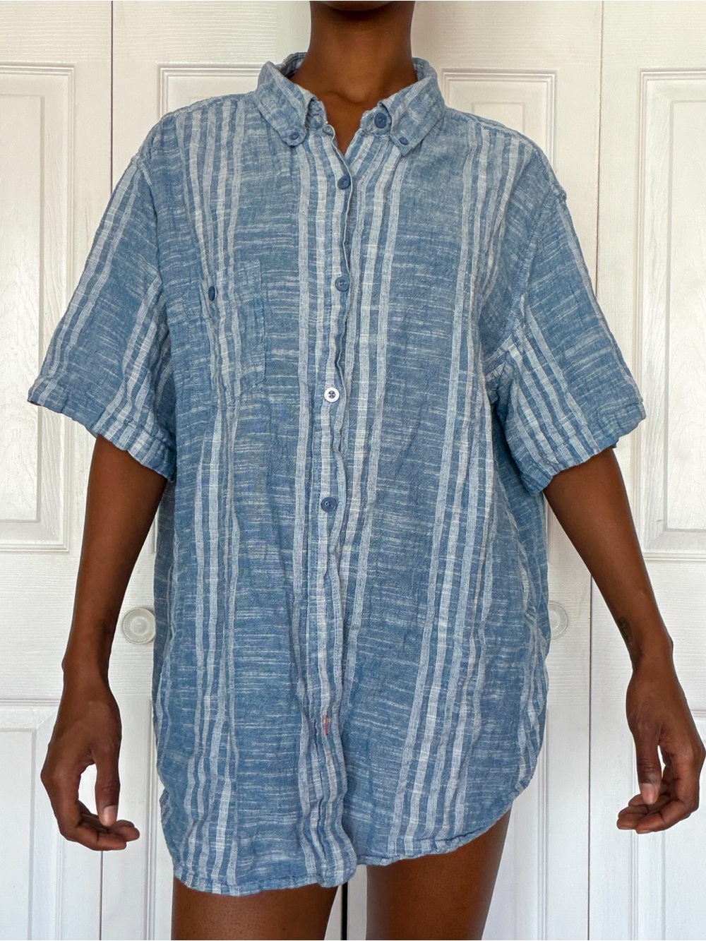 Men's Blue Striped Short-Sleeve Button-Down Shirt